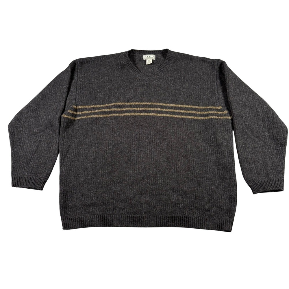 Vintage LL Bean Mens XXL V-Neck Wool Blend Sweater Gray Striped Pullover Canada